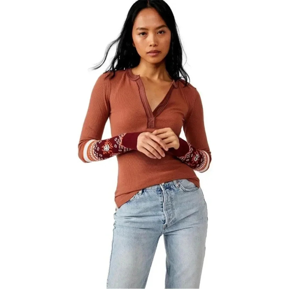 Free People - Mikah Layering Thermal Cuff Cozy Top- Autumn Combo NWT - Picture 2 of 9